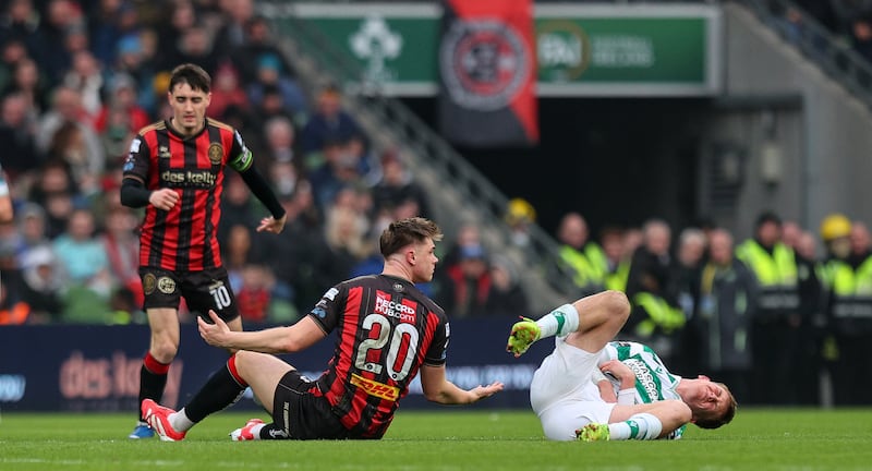 Bohemians' Leigh Kavanagh reacts after fouling Shamrock Rovers' Michael Noonan. Photograph: Ryan Byrne/Inpho