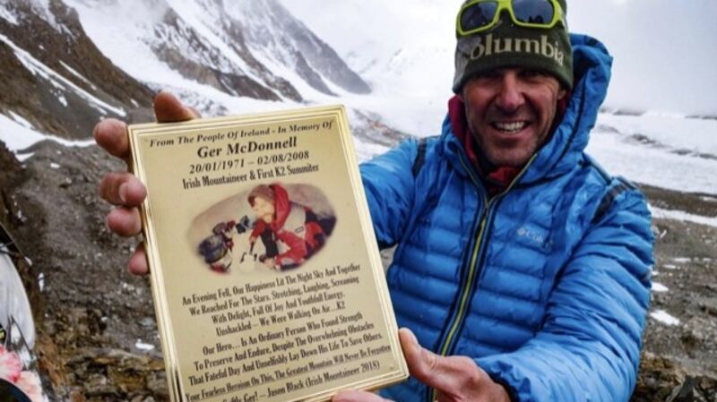 Black on K2 with a memorial to Irish climber Ger McDonnell.