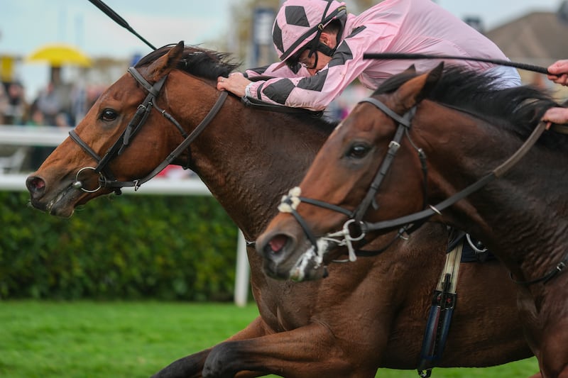 Shane Foley riding Hotazhell wins The William Hill Futurity Trophy Stakes from Ryan Moore and Delacroix at Doncaster. Photograph: Alan Crowhurst/Getty Images