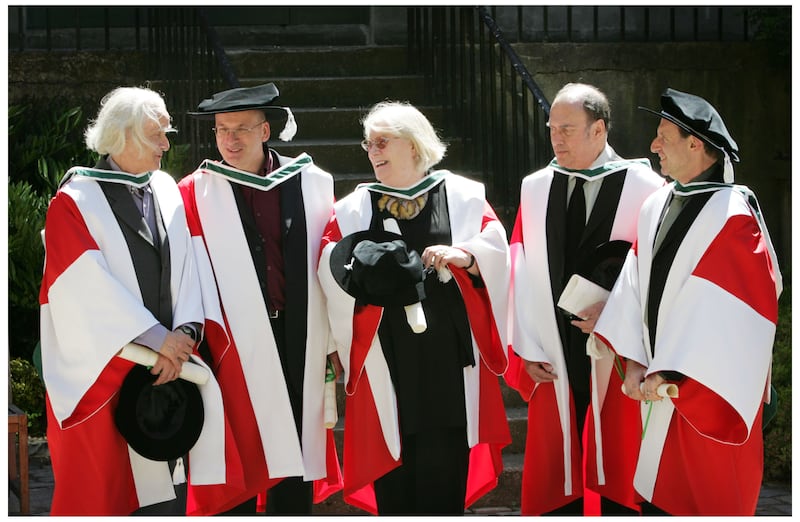 Fritz Senn; Joycean scholar, Roddy Doyle; novelist, playwright and screenwriter, Jennifer Johnston; novelist and playwright, Harold Pinter; playwright, director, actor, poet, and Michael Groden, Joycean scholar and critic after receiving Honorary Degrees of Literature at Newman House to mark the 100th Anniversary of Bloomsday by the National University of Ireland yesterday. Photograph: Alan Betson