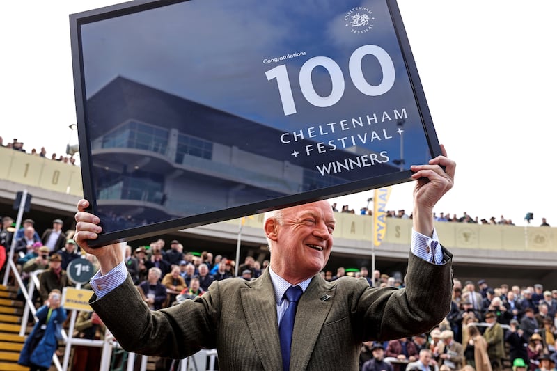 Willie Mullins celebrates 100 Cheltenham Festival winners. Photograph: Tom Maher/Inpho