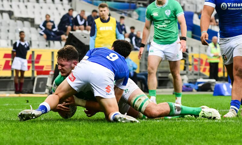 Ireland captain Evan O’Connell scores a try during the World Rugby Under-20 Championship Pool B game against Italy at DHL Stadium in Cape Town. Photograph: Darren Stewart/Inpho/SteveHaagSports