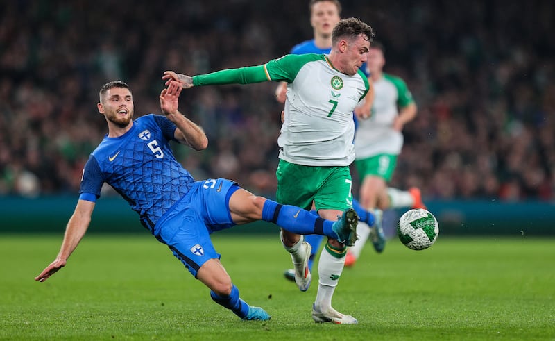 Finland’s Arttu Hoskonen tackles Sammie Szmodics of Ireland at the Aviva Stadium. Photograph: Ryan Byrne/Inpho
Mandatory Credit ©INPHO/Ryan Byrne