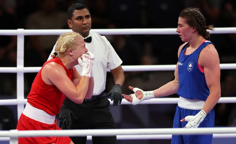 Ireland's Aoife O’Rourke reacts after Poland's Elzbieta Wojcik was declared the winner of their 75kg Round of 16 bout at the North Paris Arena. Photograph: James Crombie/Inpho