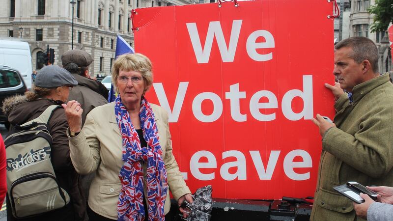 Hilary Roper-Newman, pro-Brexit protester at Westminster. Photograph: Simon Carswell