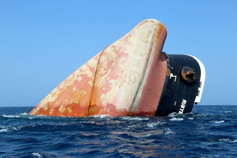 The Rubymar cargo ship partly submerged off the coast of Yemen after a Houthi missile attack. Photograph: Khaled Ziad /AFP via Getty Images