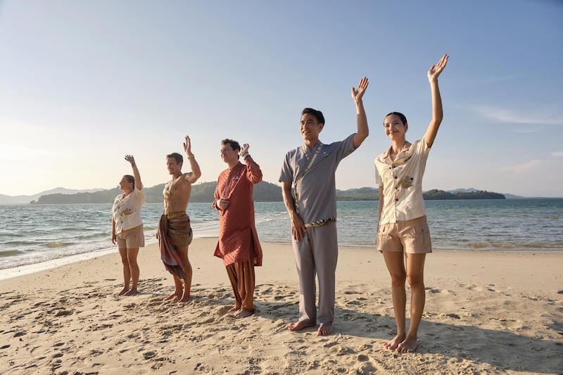 White Lotus: Morgana O’Reilly as Pam, Arnas Fedaravičius as Valentin, Christian Friedel as Fabian, Dom Hetrakul as Pornchai and Lalisa Manobal as Mook. Photograph: HBO