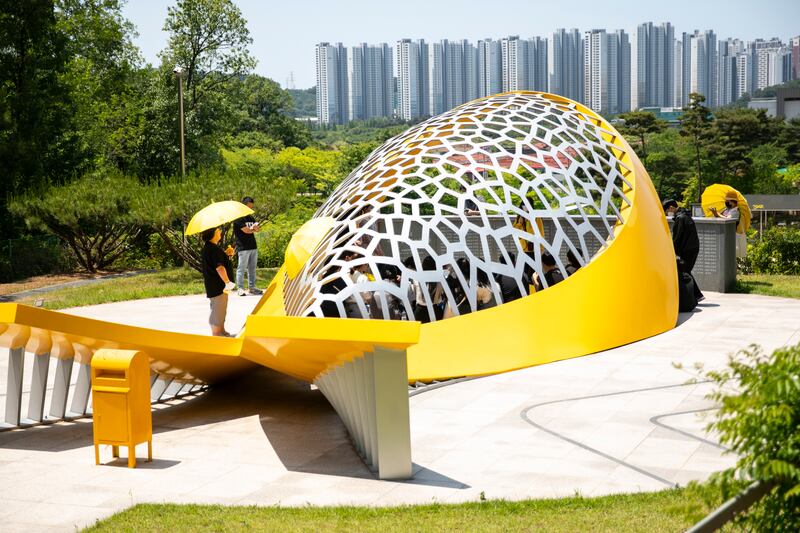 A memorial in the shape of a yellow whale for the Sewol ferry victims at Danwon High School in Ansan, South Korea.