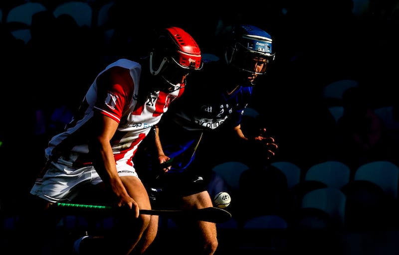 Imokilly's Ciaran Joyce and Cathal McCarthy of Sarsfields during the Cork semi-final at Páirc Uí Chaoimh. Photograph: Bryan Keane/Inpho
