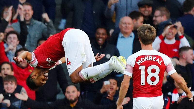 Pierre-Emerick Aubameyang celebrates his goal against Everton. Photograph: Eddie Keogh/Reuters