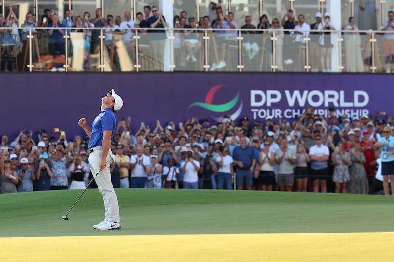 Rory McIlroy celebrates his victory on the 18th green at the DP World Tour Championship at Jumeirah Golf Estates. Photograph: Andrew Redington/Getty Images