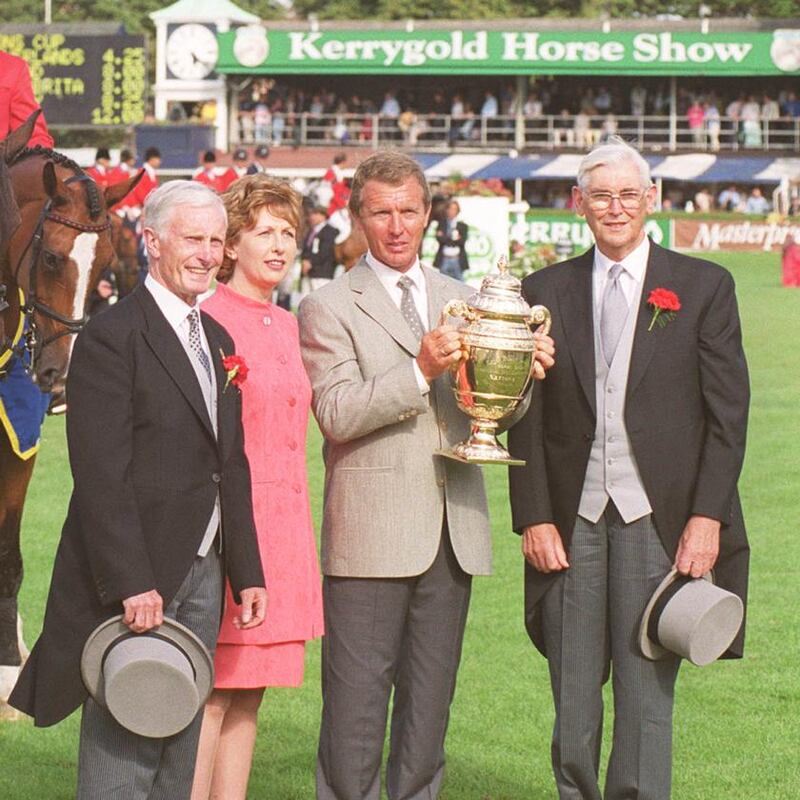 Col Billy Ringrose (left) with former president Mary McAleese presenting the Chef d’Equipe of the Netherlands team with the Kerrygold Nations Cup at the RDS in August 1999. Photograph: Frank Miller