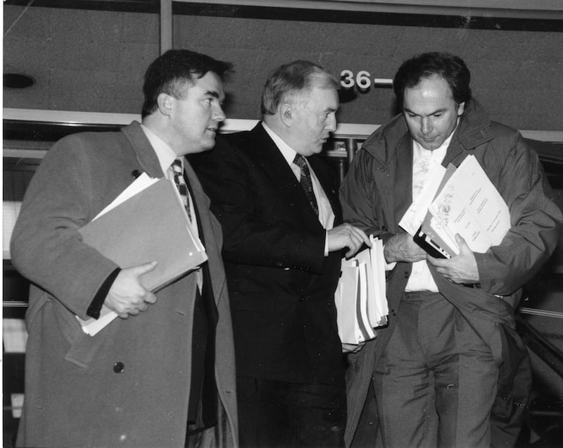 Fianna Fáil TDs Ivor Callely and Dan Wallace with Tony Gregory in 1994. Photograph: Alan Betson/Irish Times