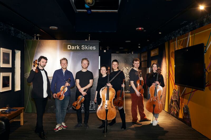 Ortús Chamber Music Festival, from left: Eoin Ducrot, Laia Valentin Braun, Johannes Marmen, Sinead O'Halloran, Bryony Gibson-Cornish, Fiachra de hOra, Peggy Nolan at Blackrock Castle Observatory. Marmen, Braun, Gibson Cornish and O’Halloran are members of the Marmen Quartet. Photograph: Magda Lukas