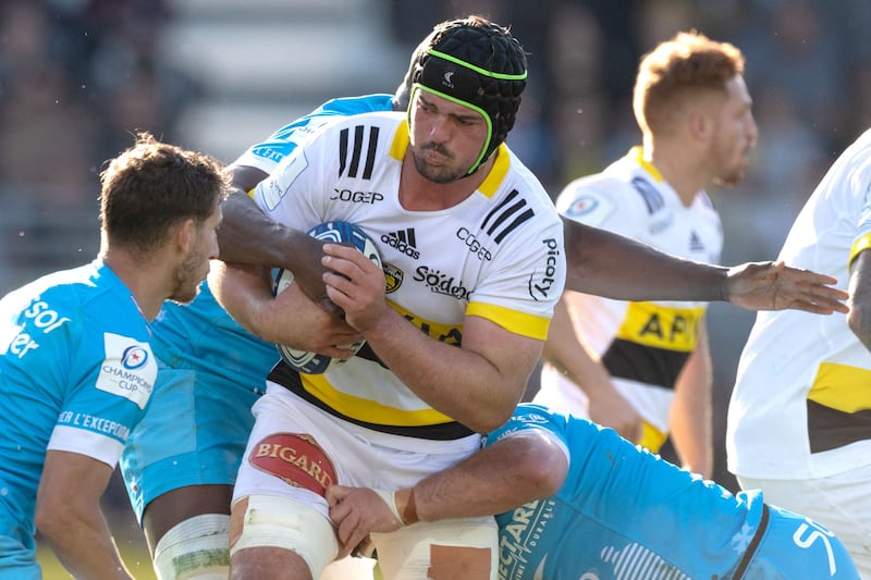 La Rochelle's French number eight Gregory Alldritt  runs with the ball during the  Champions Cup clash with Montpellier. 