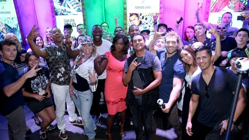 Actors Adam Beach, Joel Kinnaman, Scott Eastwood, Adewale Akinnuoye-Agbaje, Jay Hernandez, Jai Courtney, Karen Fukuhara, Viola Davis, Will Smith, and Margot Robbie  pose with fans at San Diego Comic-Con 2016. Photograph: y Jonathan Leibson/Getty Images/Samsung