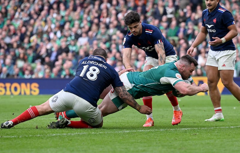 Cian Healy scores Ireland’s second try on his final home appearance during the Six Nations game against France at the Aviva Stadium. Photograph: Charles McQuillan/Getty Images