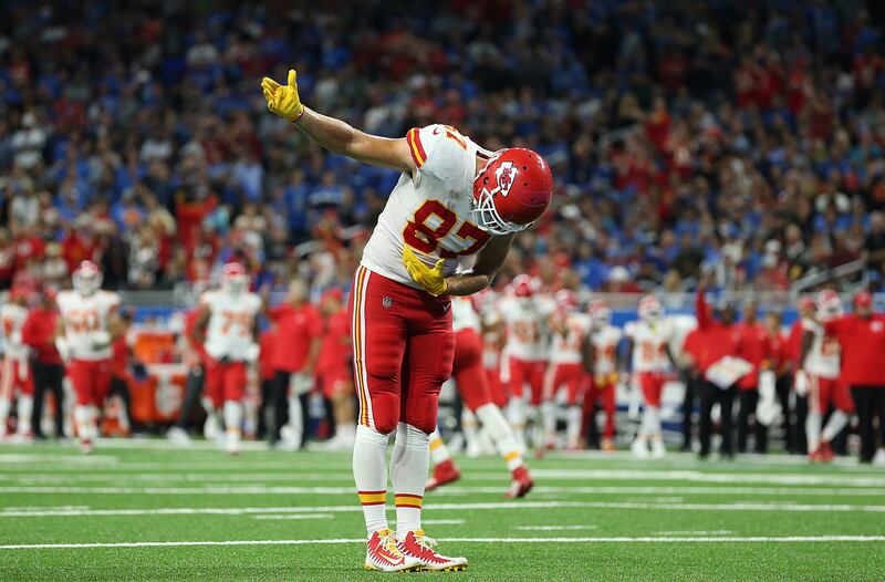 Travis Kelce of the Kansas City Chiefs celebrates a third quarter touchdown during a game against the Detroit Lions. Photograph: Leon Halip/Getty Images  