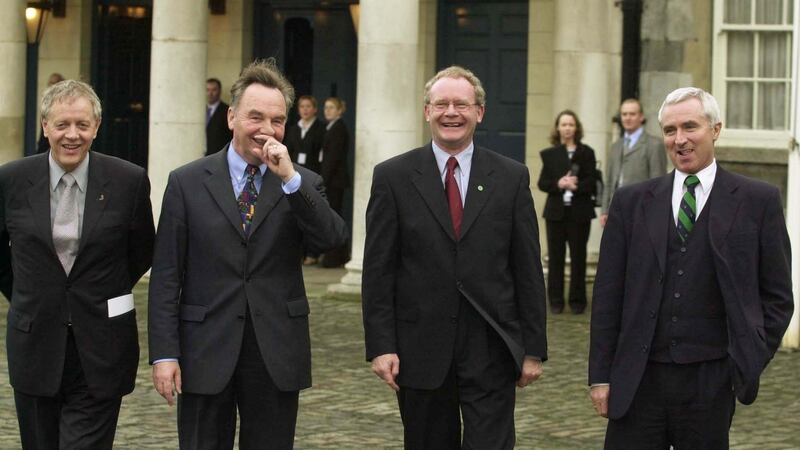 At a meeting of the North/South Minsterial Council in Dublin Castle in 2001, were from left, Sean Farren, Dr Michael Woods, Martin McGuinness  and Dr Jim McDaid. Photograph:  Frank Miller