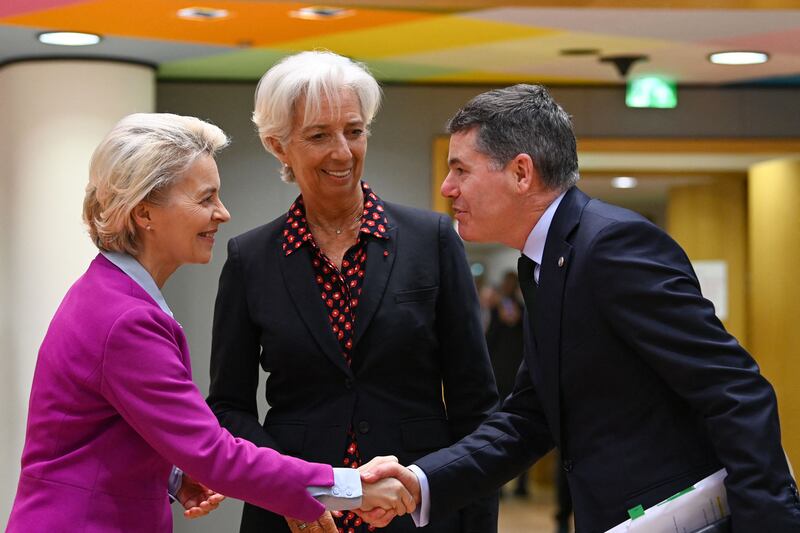 President of the European Commission Ursula von der Leyen chats with president of the Eurogroup Paschal Donohoe and European Central Bank president Christine Lagarde in Brussels last week. 