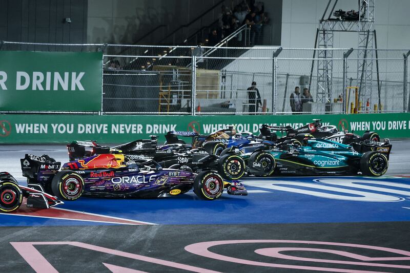 Spanish driver Fernando Alonso spins in turn one during the Las Vegas Grand Prix. Photograph: Etienne Laurent/EPA