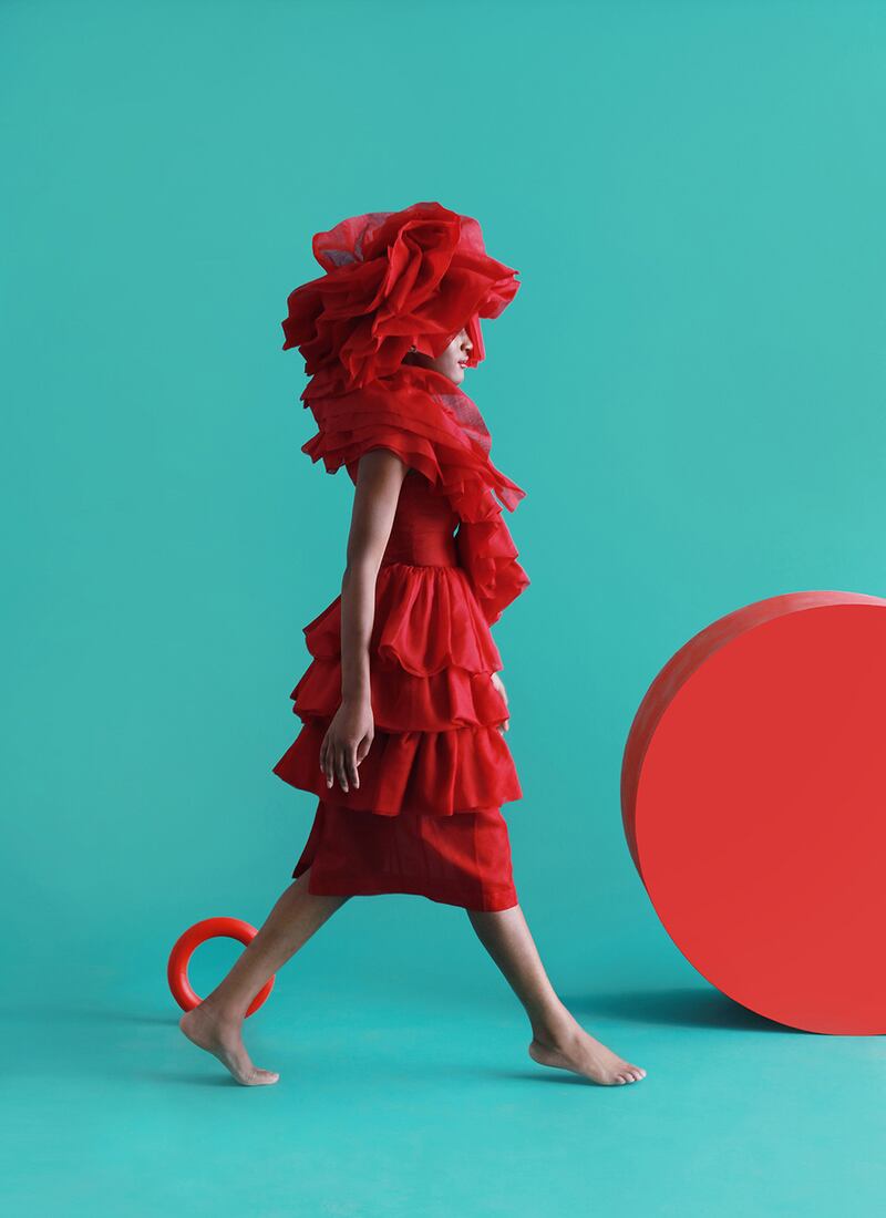 Organza pleated dress, collar and hat by John Rocha from AW 2014 collection.