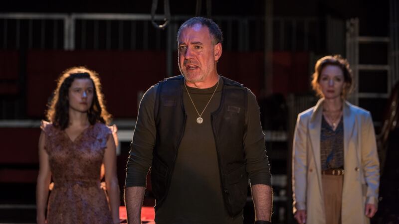 Hecuba: Zara Devlin, Brian Doherty and Aislín McGuckin in the Rough Magic production.  Photograph: Ste Murray