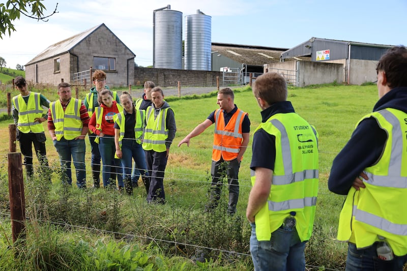 Alastair Pollock discussing the benefits of Whitethorn hedge with students at Ballyhaise college. Photograph: Dara Mac Dónaill 