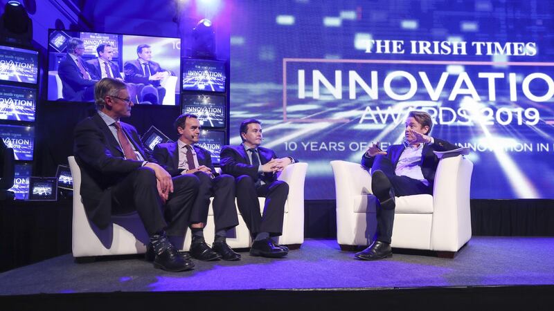 A panel discussion at The Irish Times Innovation Awards with  chairman of the awards judging panel Chris Horn, former winner Ivan Coulter from Sigmoid Pharma, Irish Times Innovation Editor Michael McAleer and David McWilliams. Photograph: Conor McCabe