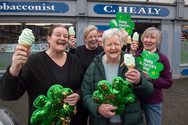 Angela O'Brien-Healy with her daughters Angie and Aileen and sister-in-law Mary Healy with green 99's ahead of the celebration to mark St Patrick's Day and their shop's 100 years of continuous. Photograph: Don MacMonagle