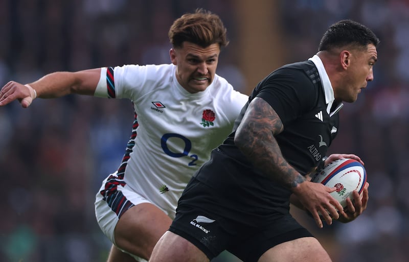 New Zealand's Codie Taylor in action against England's Henry Slade in their Autumn Nations Series game at Twickenham on November 2nd. Photograph: James Crombie/Inpho