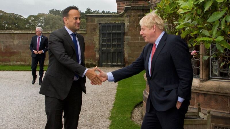 Varadkar and Johnson meet at Thornton Manor in Wirral, Cheshire, England. Photograph: PA