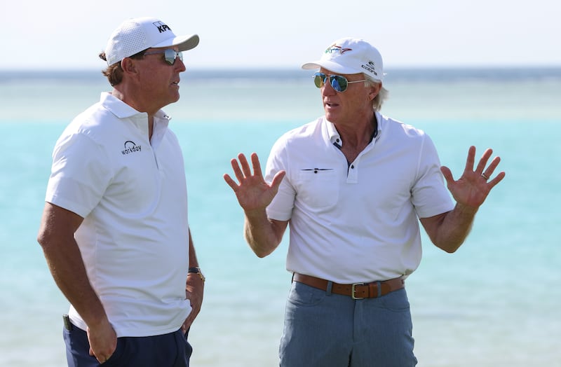 Phil Mickelson and Greg Norman in Saudi Arabia. Photograph: Luke Walker/WME IMG/WME IMG via Getty