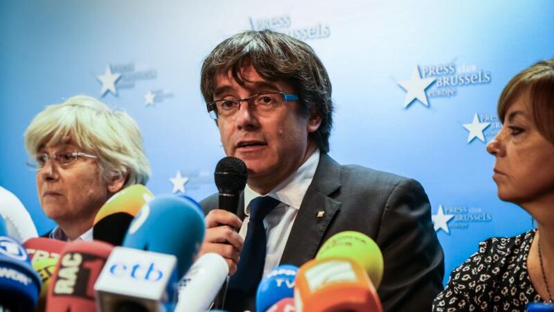 Catalan leader: Carles Puigdemont speaking to journalists in Brussels before he turned himself in. Photograph: Aurore Belot/AFP/Getty