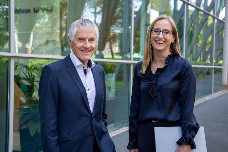 Ciarán Long, independent chair of LifeSight Ireland Trustees, pictured alongside Quinlan outside WTW’s Dublin headquarters in Elm Park