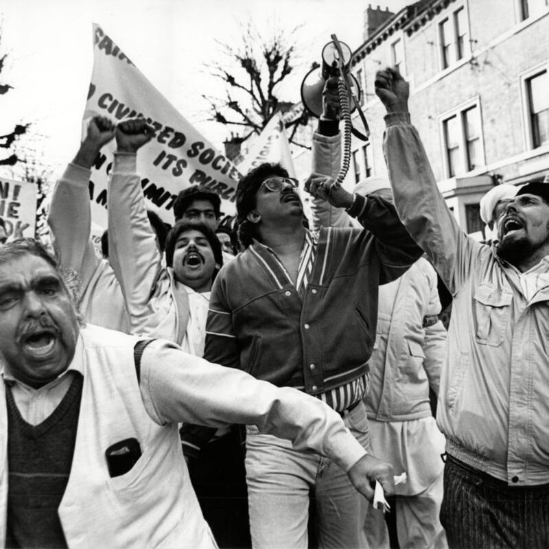 Protesters on the streets of Derby in 1989 following publication of Rushdie’s The Satanic Verses. Photograph: Getty