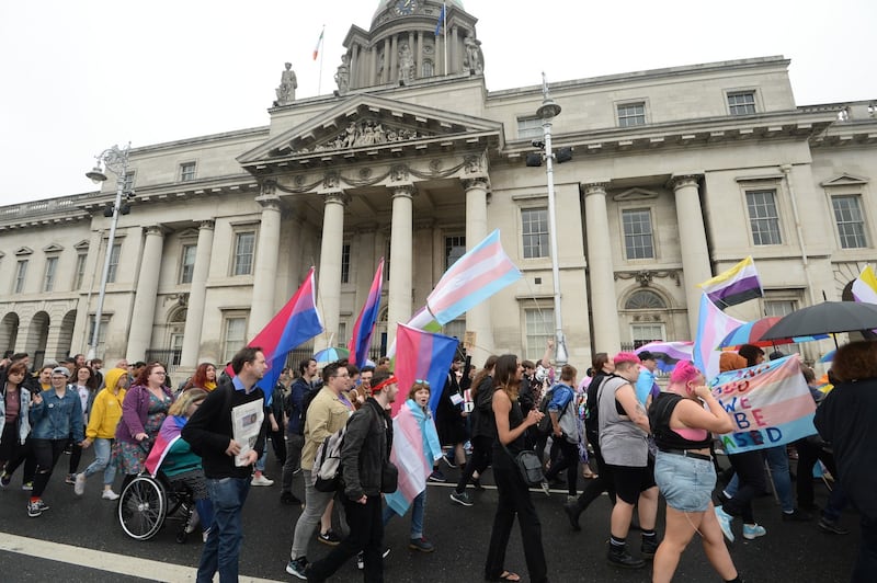 The demonstration passes the Custom House. Photograph: Dara Mac Donaill/The Irish Times