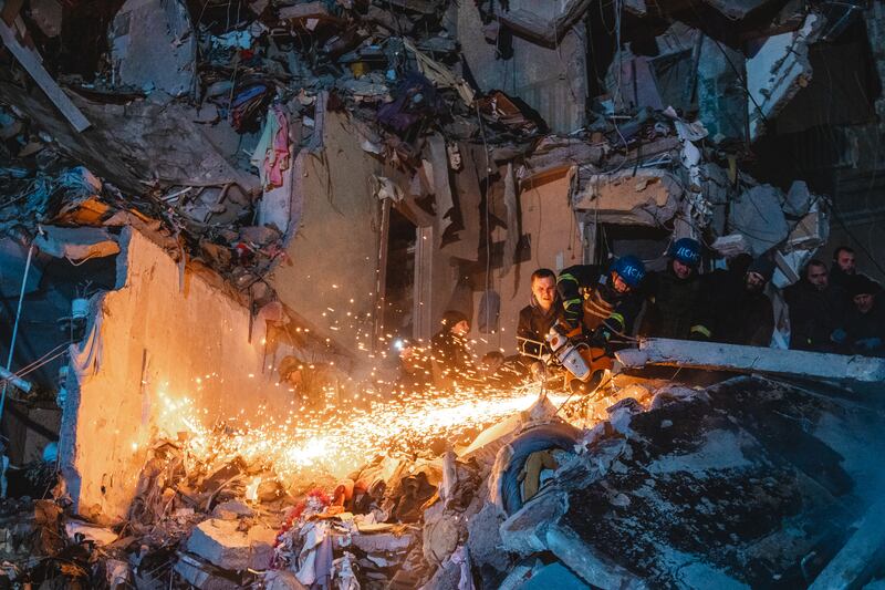 Emergency services removing debris following a Russian air strike on Dnipro in south-eastern Ukraine earlier this year. Photograph: Arsen Dzodzaev