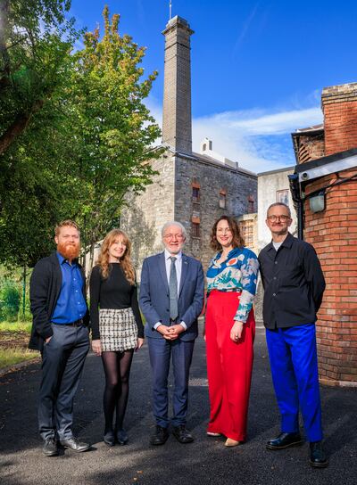 Open House Dublin programme launch at Kilmainham Mill, 6 September 2023. L-R: Ciarán Molumby and Laura Carroll (Islander Architects), minister of State for Heritage and Electoral Reform Malcolm Noonan TD, Dr Dervla MacManus, Irish Architecture Foundation director Emmett Scanlon. Photo by Marc O’Sullivan.