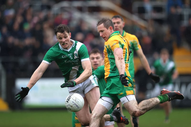 Moycullen's Johnny Maloney and Gary Sice of Corofin in action during the Galway final. Formidable Corofin are proven on the national stage. Photograph: Bryan Keane/Inpho 