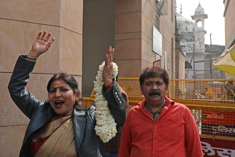 Hindu petitioner Manju Vyas (left) chants devotional hymns after offering prayers at the Gyanvapi mosque in Varanasi on February 1st last. Photograph: Niharika Kulkarni/AFP via Getty Images