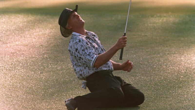 Greg Norman reacts after narrowly missing his chip shot on the 15th green during the final tound of the 1996 US Masters at  Augusta. Photograph:  Stephen Munday/Allsport