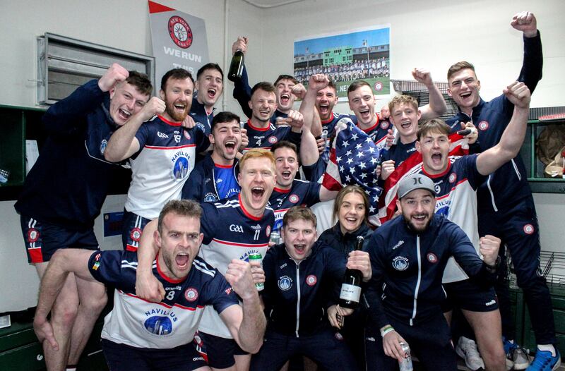 New York players celebrate in the dressingroom after the game. Photograph: Sharon Redican/Inpho