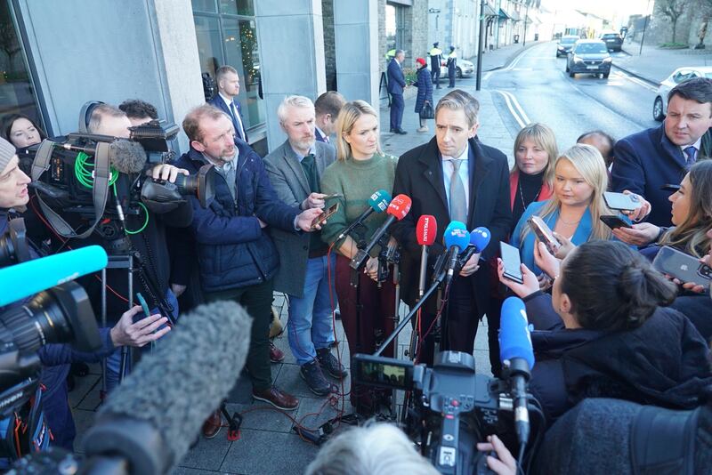 Taoiseach Simon Harris talks to media at Trim Castle Hotel in Co Meath.  Picture: Enda O'Dowd