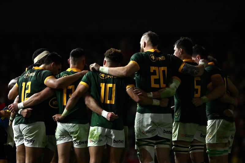 The South Africa players during the Autumn Nations Series 2024 match between Wales and South Africa at Principality Stadium. Photograph: Dan Mullan/Getty Images