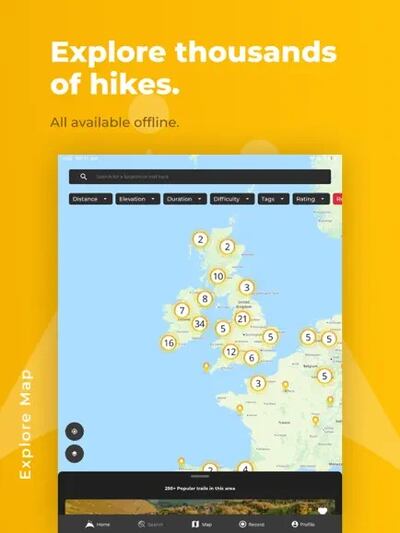 Screenshot of Hiiker app showing hiking routes in Ireland and the UK