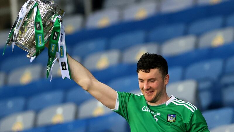 Limerick’s Declan Hannon lifts  the Liam MacCarthy Cup after last December’s All-Ireland win over Waterford at Croke Park. Photograph: James Crombie/Inpho