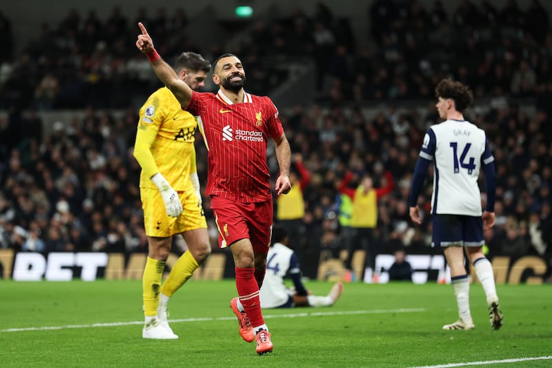 Mohamed Salah of Liverpool celebrates scoring his team's fifth goal. Photograph: Alex Pantling/Getty