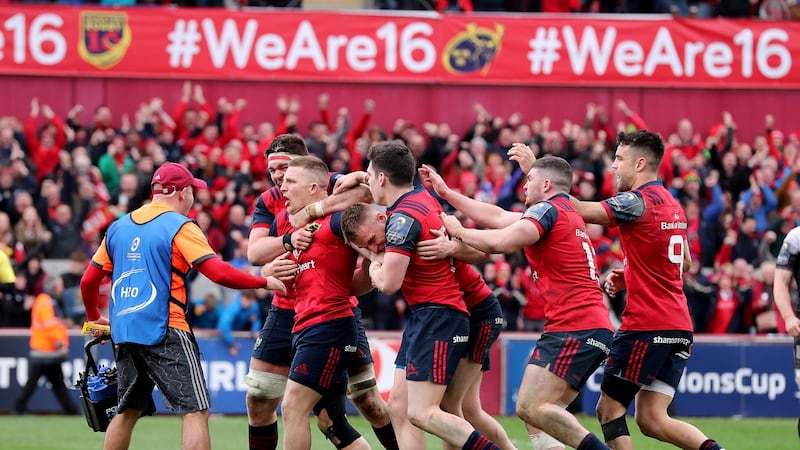 Munster’s Andrew Conway celebrates his try against Toulon with team-mates at Thomond Park in March 2018. Photograph: Dan Sheridan/Inpho