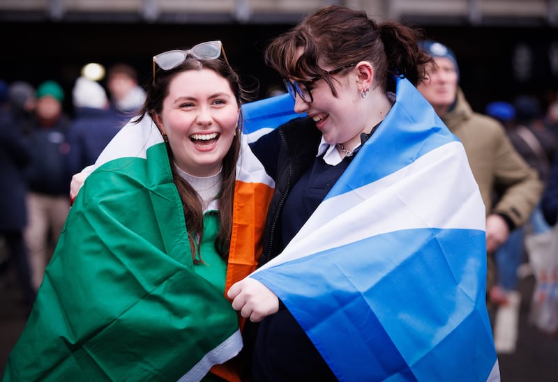 Ireland supporter Ava Reid and Scotland supporter Honor Fraser ahead of the game. Photograph: Billy Stickland/Inpho